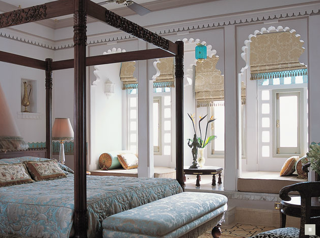 A Moonlit Taj bedroom in cool aqua tones and marble white! | Saffron ...