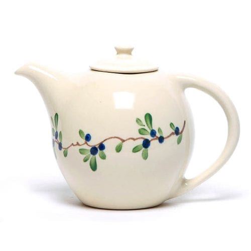 country cottage style teapot with  blueberries and leaves