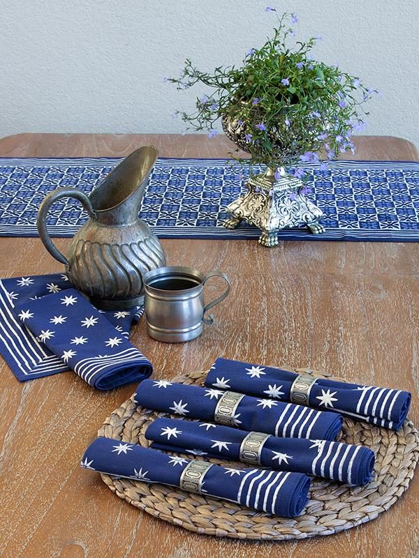 Indigo blue cloth napkins with a star pattern