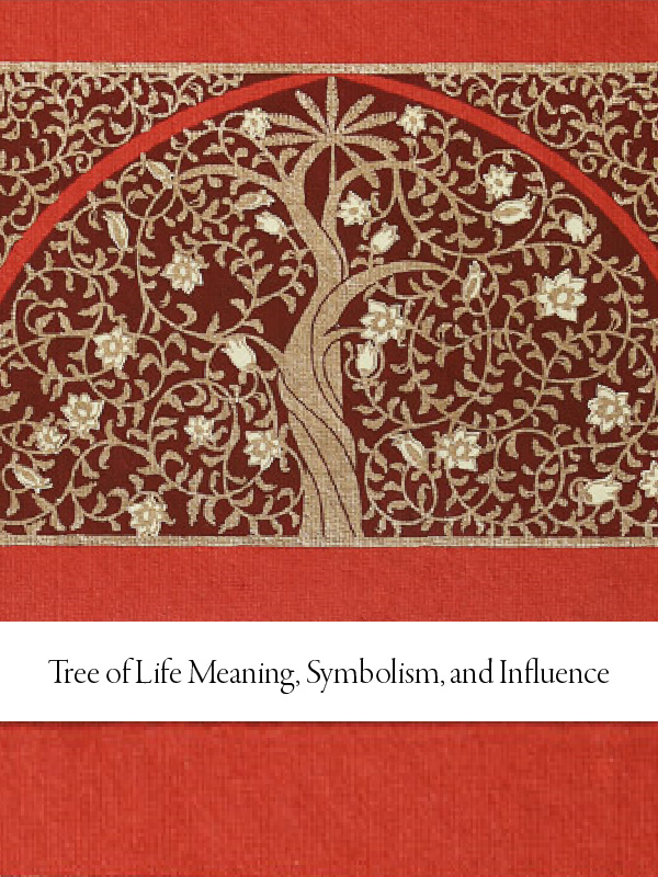 Photograph of a tree of life print in gold on a deep red background with overlaid text 'Tree of Life Meaning, Symbolism, and Influence'
