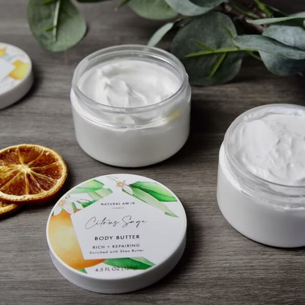 Photograph of organic whipped body butter in citrus scent for beach themed bathroom