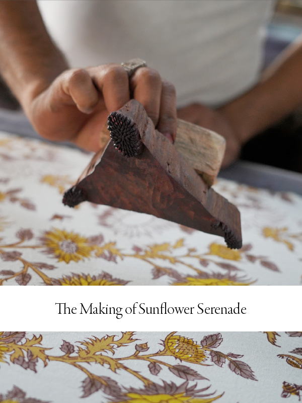 Photograph of a close-up of a wood block used for block printing a sunflower fabric collection with overlaid text that reads "The Making of Sunflower Serenade"