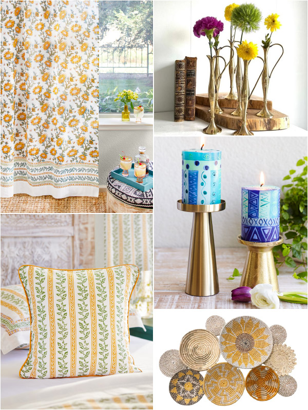 Collage of sunflower decor ideas such as sunflower curtains and complementary accessories such as a botanic throw pillow, blue candles, wall baskets, and whimsical brass vases