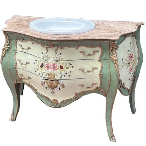 Vintage French bathroom vanity to complement sunflower print shower curtain.