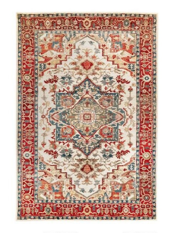 Red and ivory medallion rug for a boho bedroom.