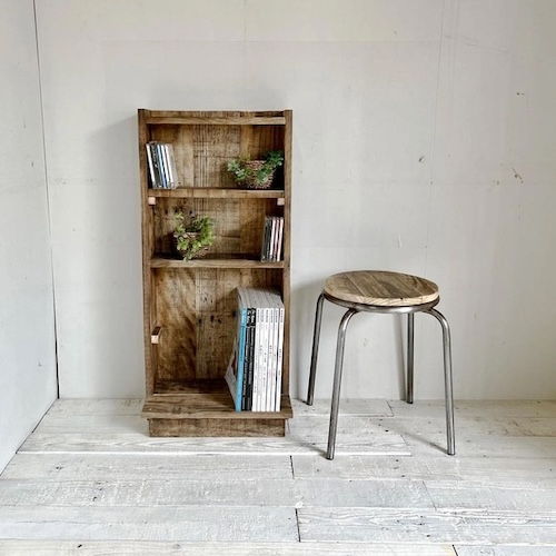 Reclaimed wood shelf with coordinating wood stool for cabin decor ideas