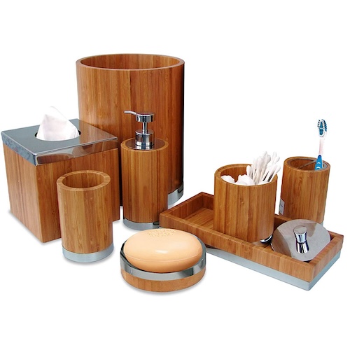 Set of 8 bathroom holders and utensils made of bamboo to coordinate with sage green decor ideas