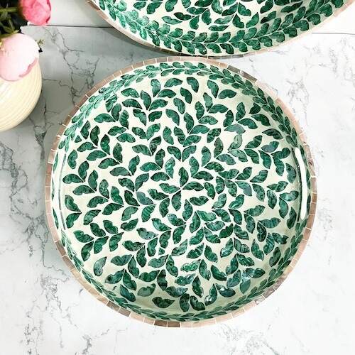 Mother of pearl inlay decorative tray in emerald green and white to coordinate with sage green decor in the kitchen