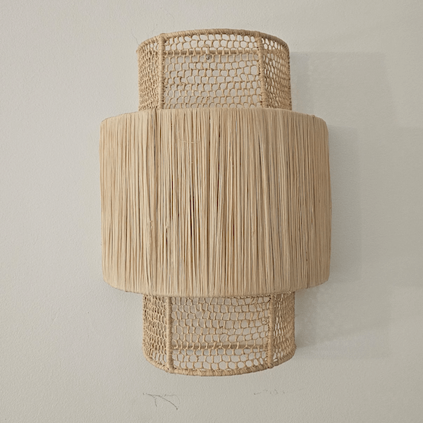 Wall-mounted woven lamp shade as part of a list of narrow living room ideas