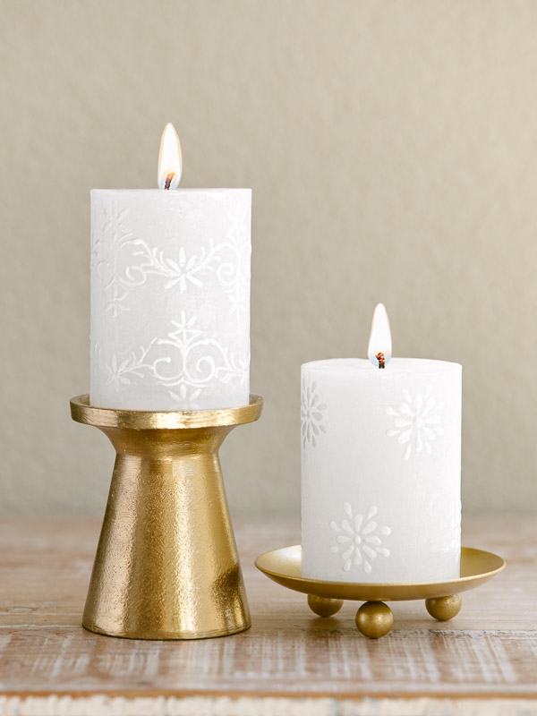 White Filigree ~ Hand Painted Pillar Candles in Cotton (Pillars - Set of 2in - 3inX4in) by Saffron Marigold
