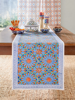 Orange and Blue Handwoven Madurkathi Table Mat and Runner Set — TVAMI