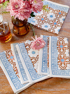 Cotton Dinner Table Napkins | Blue Leaf Print Hand Block Print on White | Set of 6, Hand Block Printed | Fair Trade | 20 x 20 | Saffron Marigold
