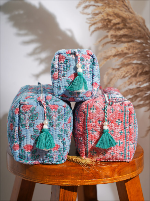 Tulip Rain ~ Quilted Toiletries and Makeup Bag in Cotton (Set of 3in) by Saffron Marigold