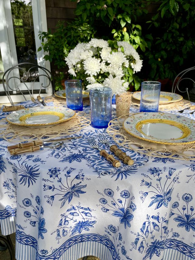 Cotton Dinner Table Napkins | Blue Leaf Print Hand Block Print on White | Set of 6, Hand Block Printed | Fair Trade | 20 x 20 | Saffron Marigold